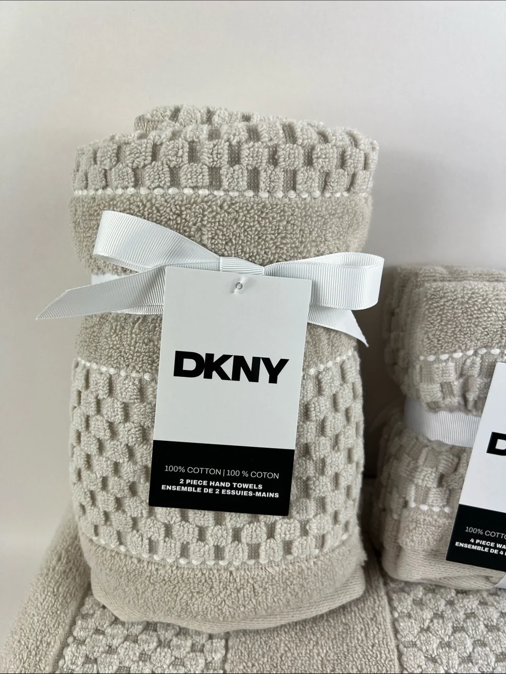 DKNY Bath Towels Tan White Textured Soft Plush 100% Cotton 8 Pc Set NEW